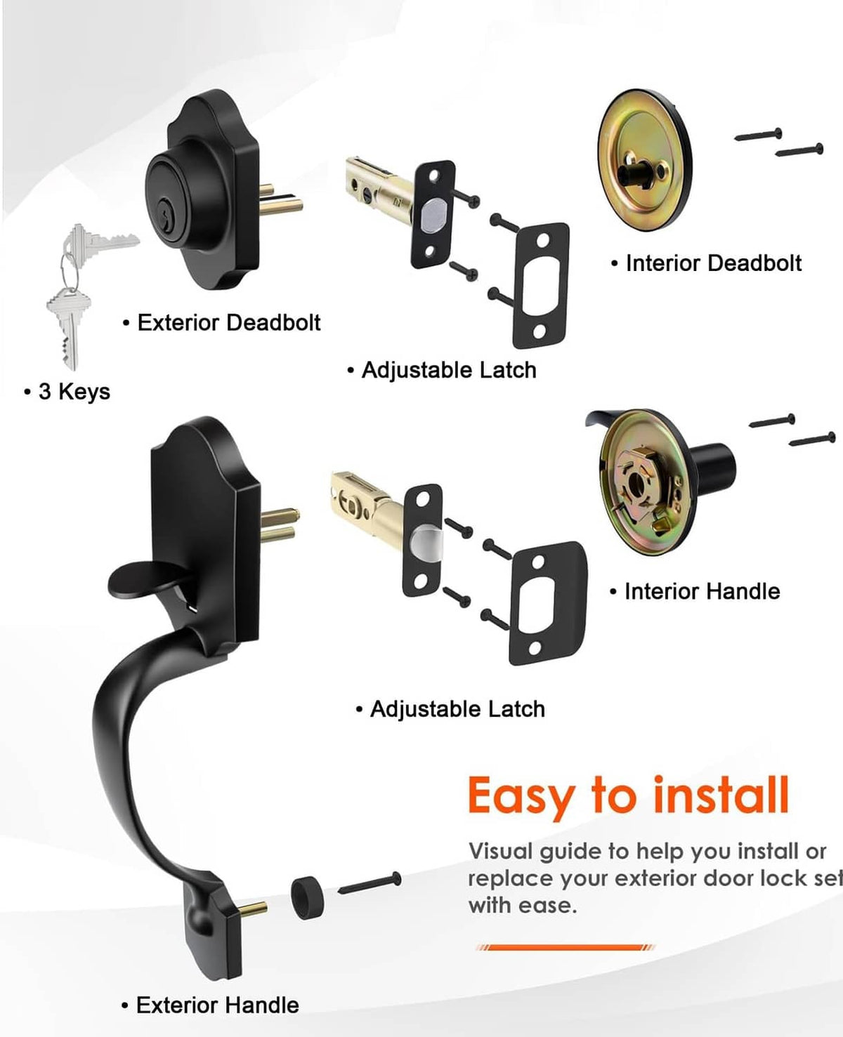Matte black entry deadbolt set kit with keys, adjustable latch, and mounting plates