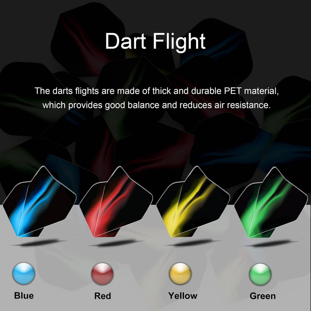 PET dart flights in blue, red, yellow, and green for soft tip darts