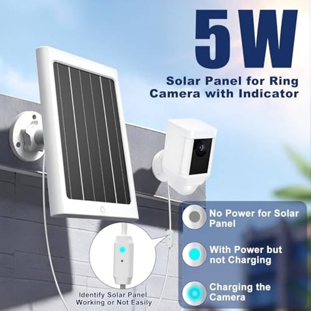 Solar panel kit with wall-mounted panel and security camera indicator lights