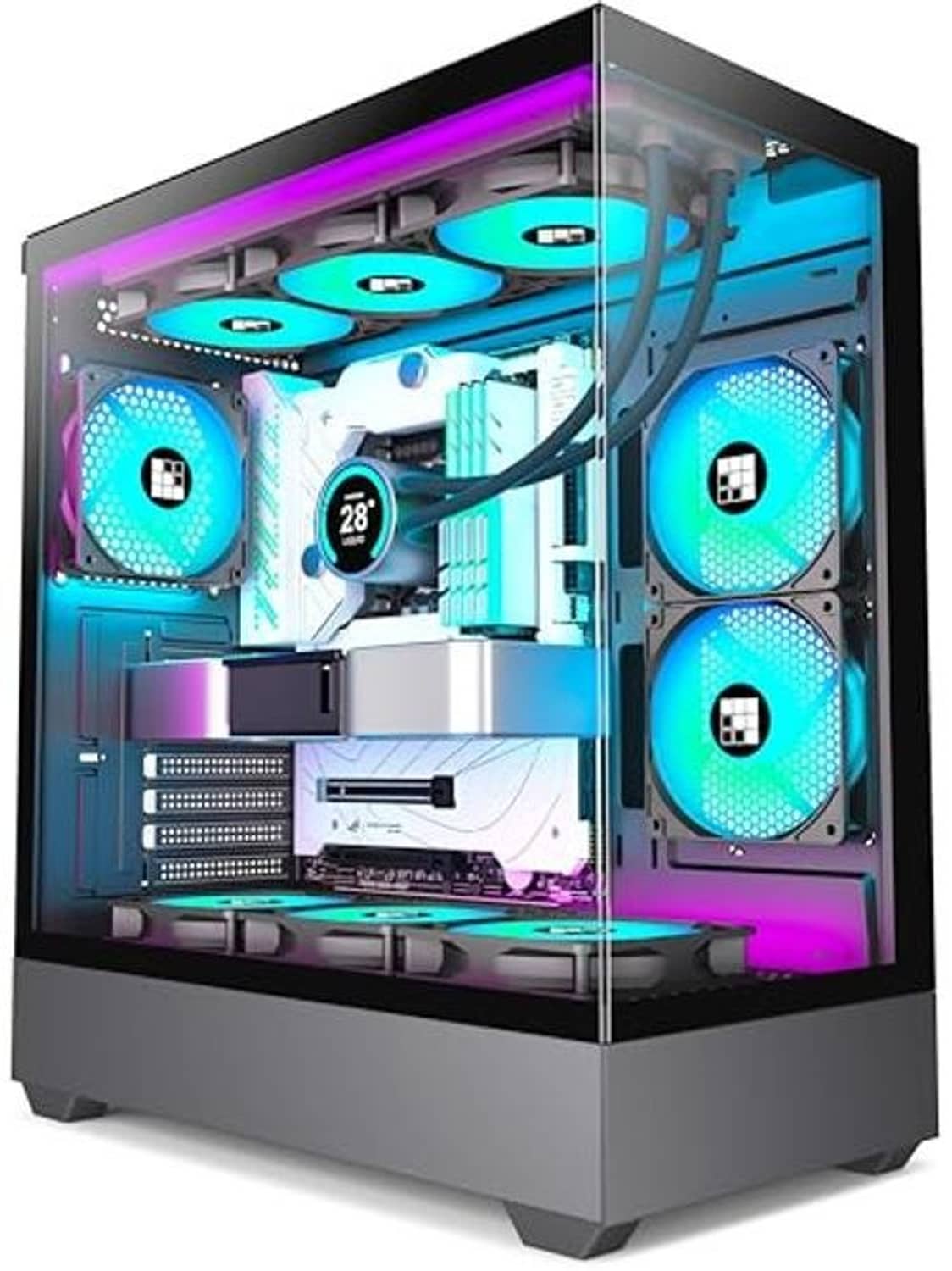 ATX mid-tower PC case with RGB-lit PWM ARGB fans and visible tempered glass
