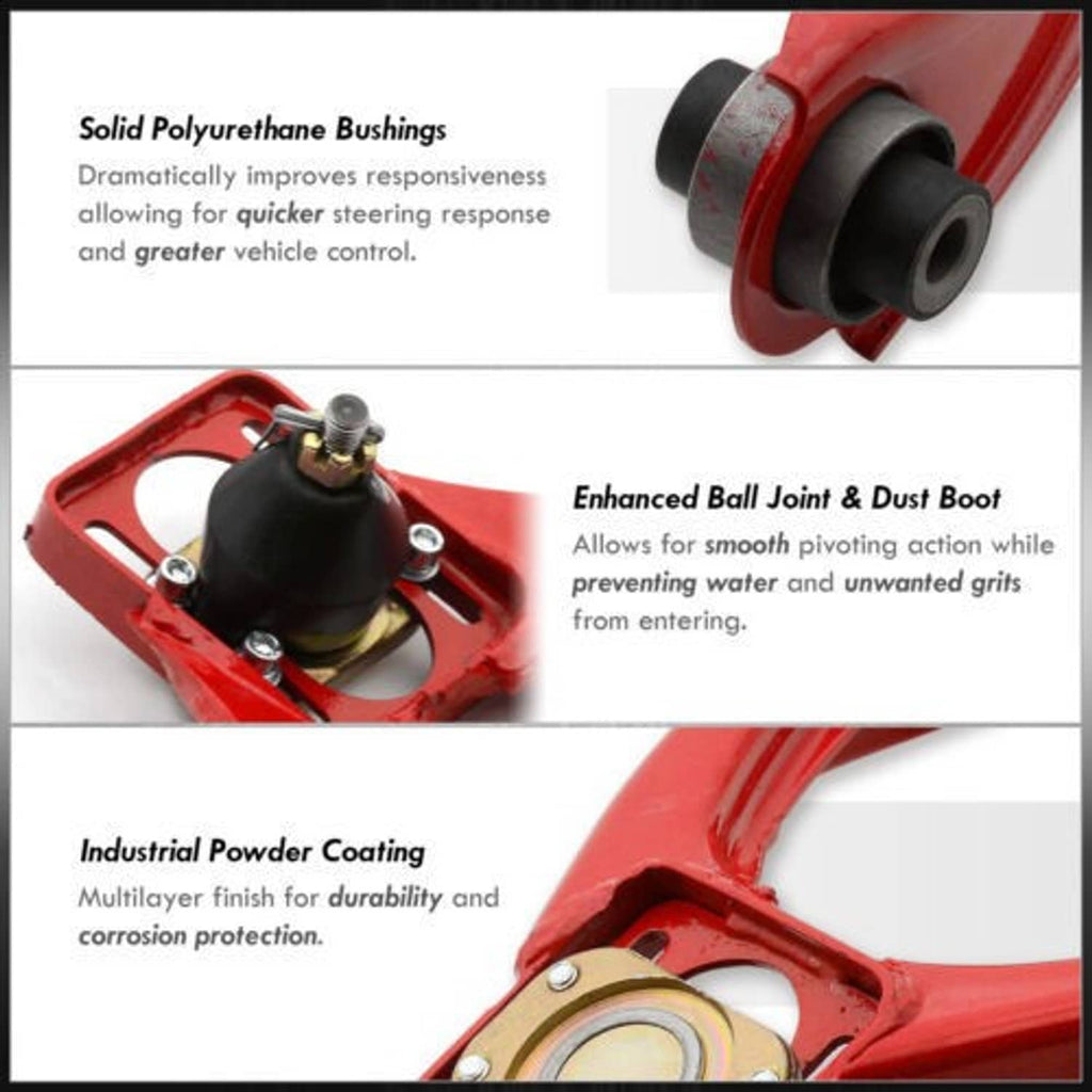 Red polyurethane bushing and ball joint on an adjustable control arm bracket