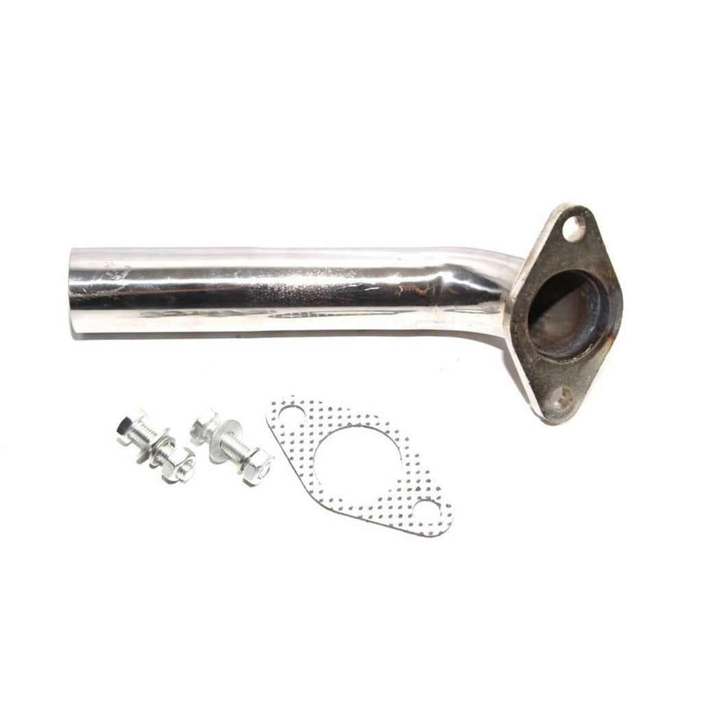 Stainless steel dump tube with round flange, gasket, and two mounting bolt pairs