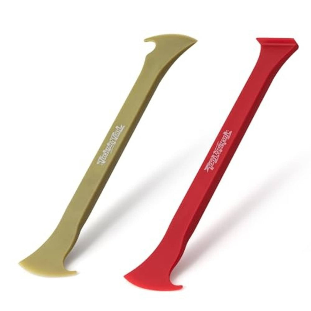 Two long TPU squeegees in olive and red for smoothing vinyl wrap film.