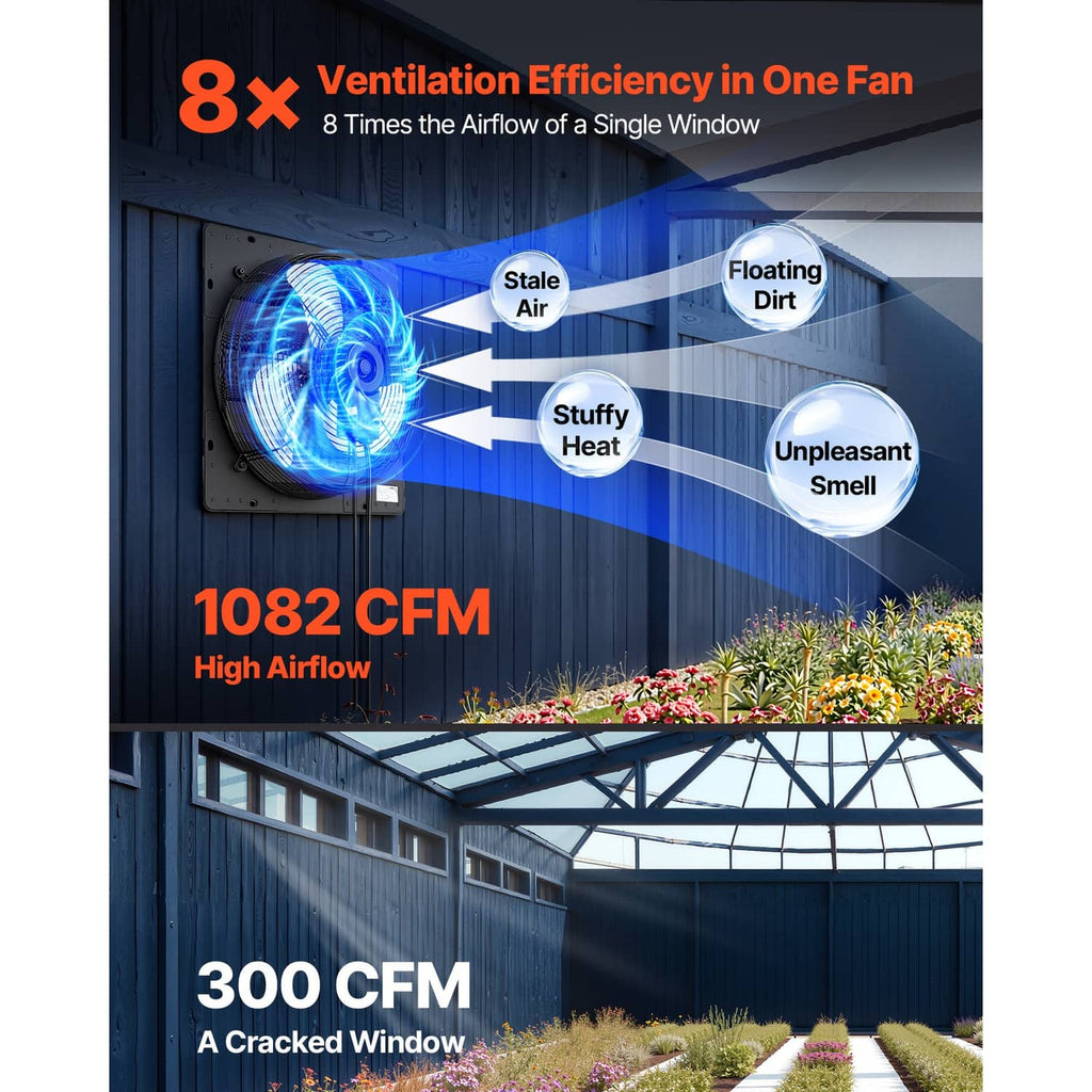 Wall-mount exhaust fan shown with air-flow graphics on a building facade