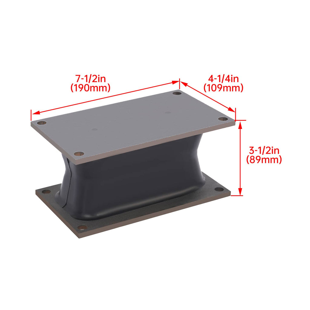 Rubber shock mount isolator with metal base plates; includes measurement dimensions