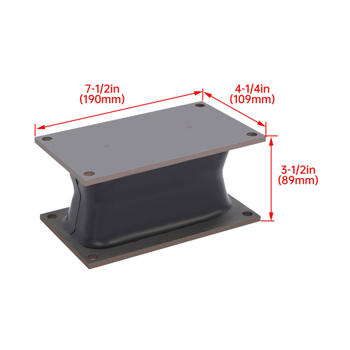 Rubber shock mount isolator with metal base plates; includes measurement dimensions