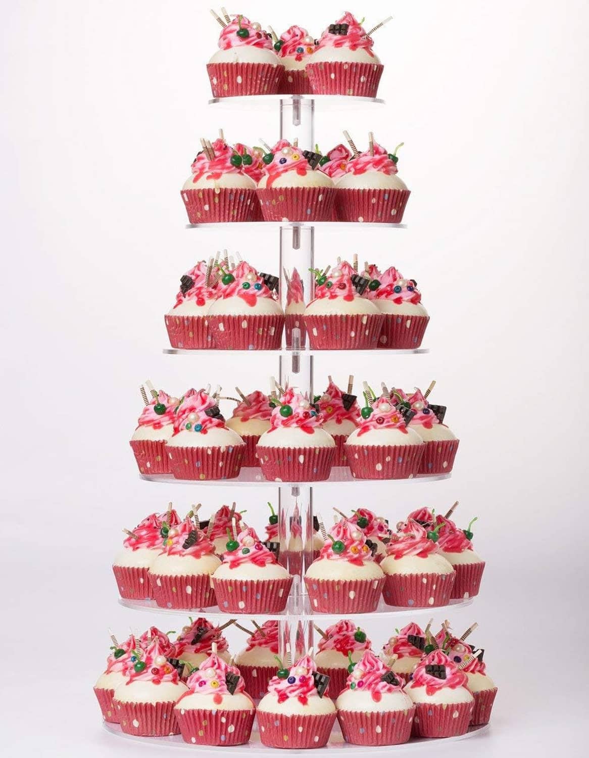 Acrylic round cupcake tower holding red cupcakes on tiered circular platforms