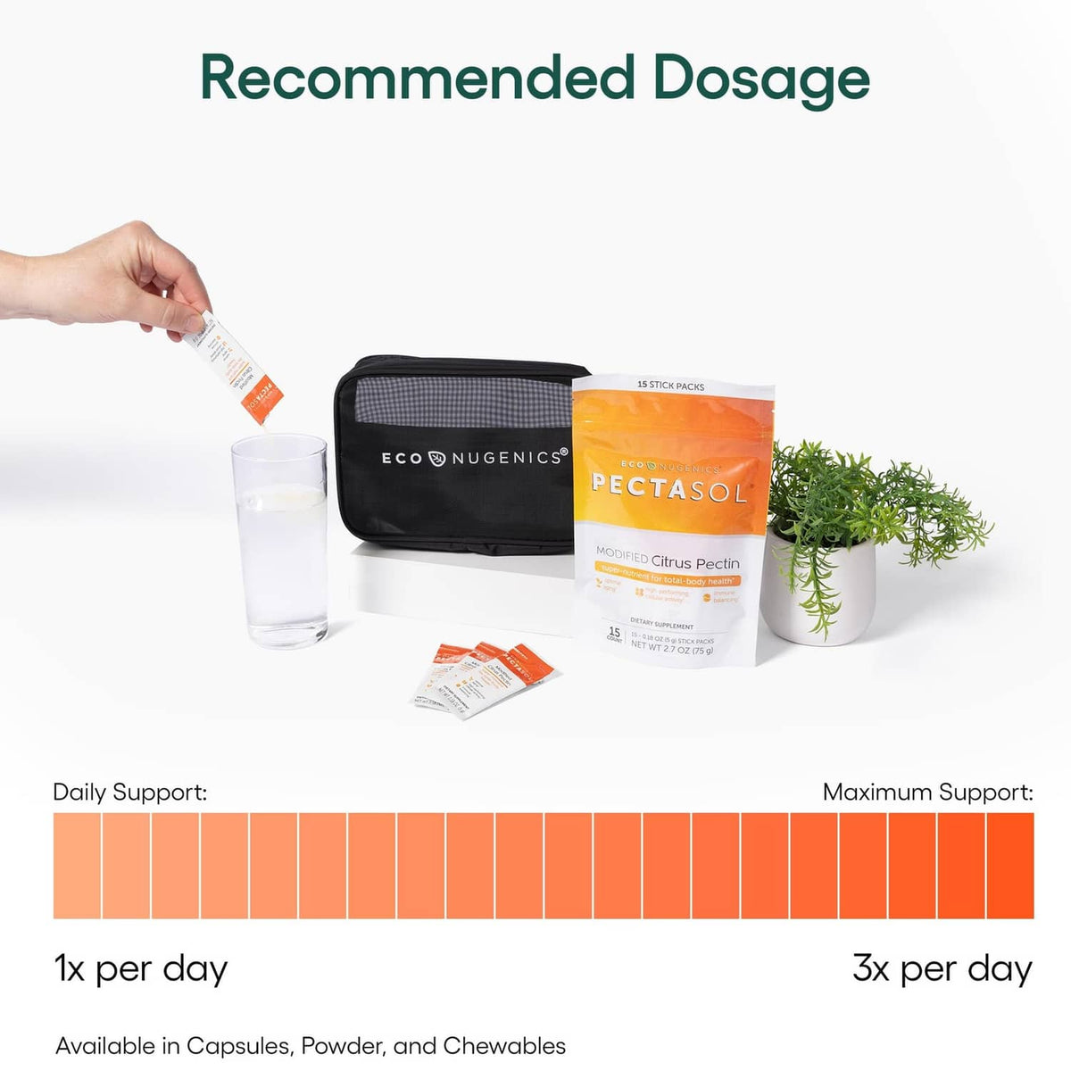PectaSol stick packs with black zip pouch, recommended dosage chart