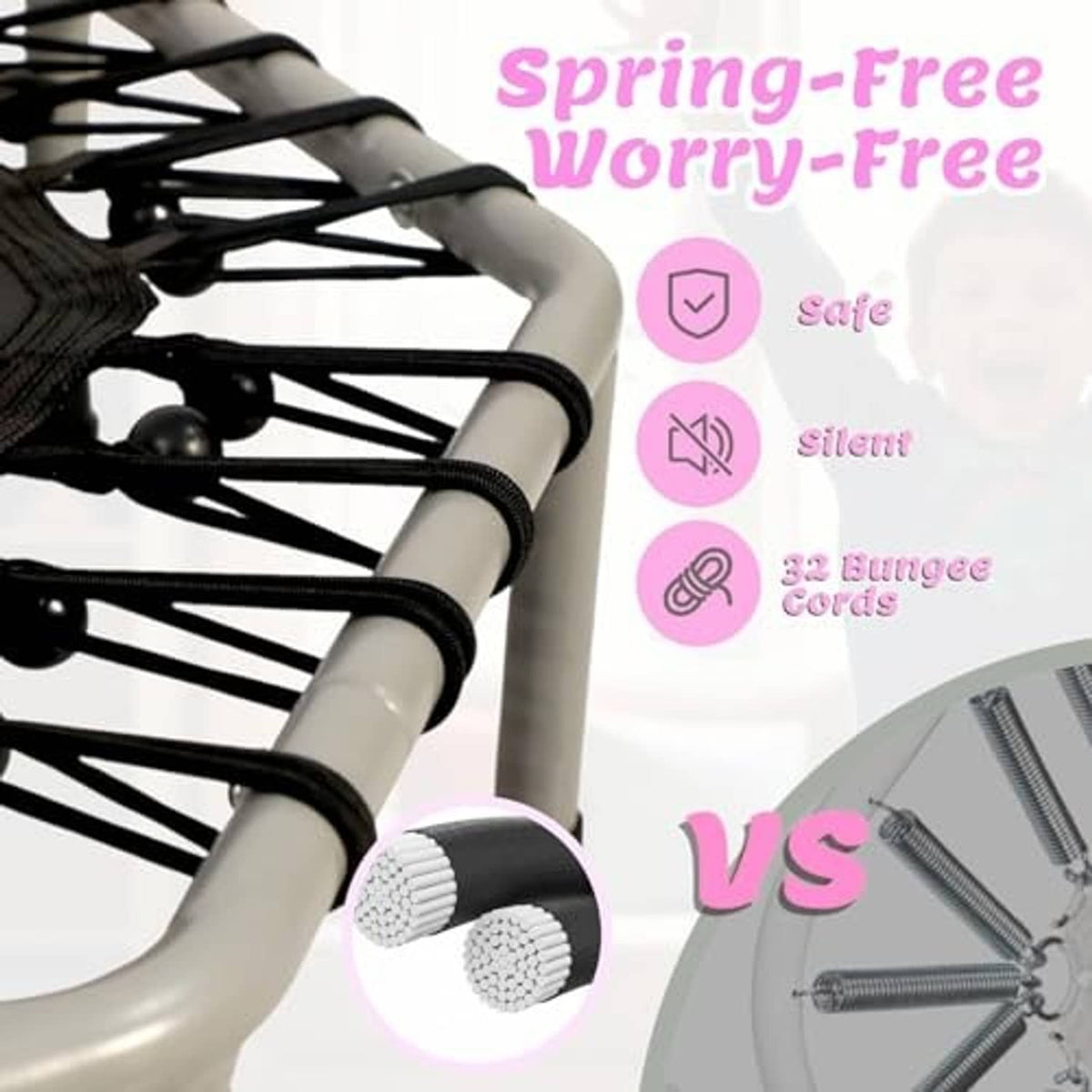 Trampoline frame with black bungee cords across the bounce area for spring-free use