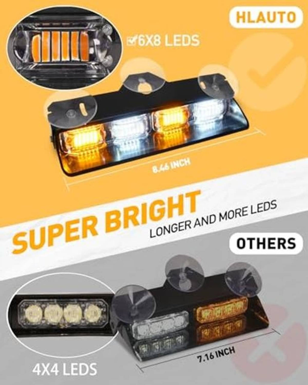 Compact amber and white LED strobe light bar with mounting bracket and clips