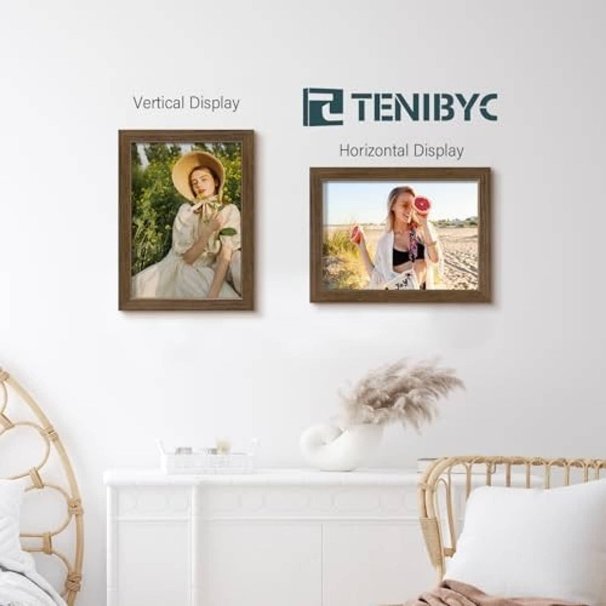 Brown 12x16 picture frame shown for vertical and horizontal wall display