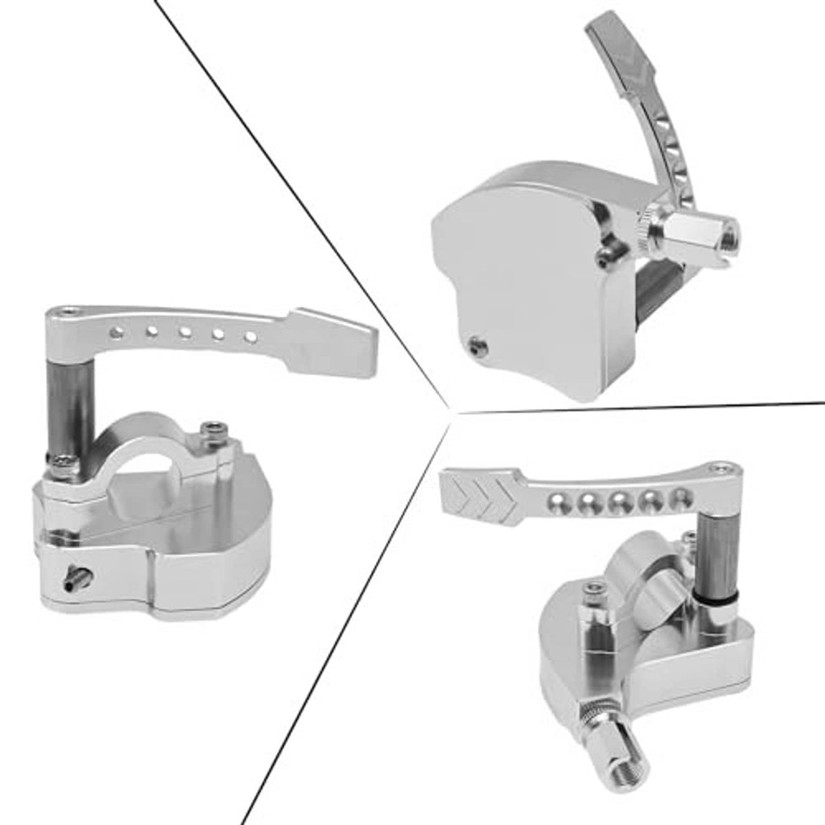 Silver thumb throttle lever controller shown in multiple angles on white background