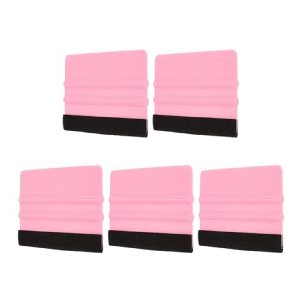 Set of five pink vinyl squeegees with black felt edges, rectangular tools