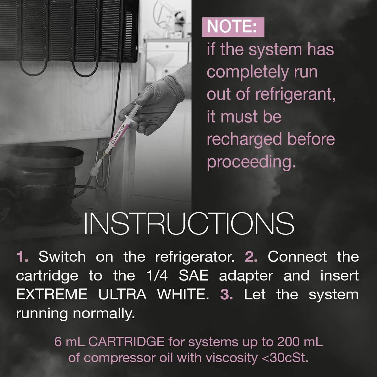 White leak-sealing injector syringe partially shown beside refrigerator service area