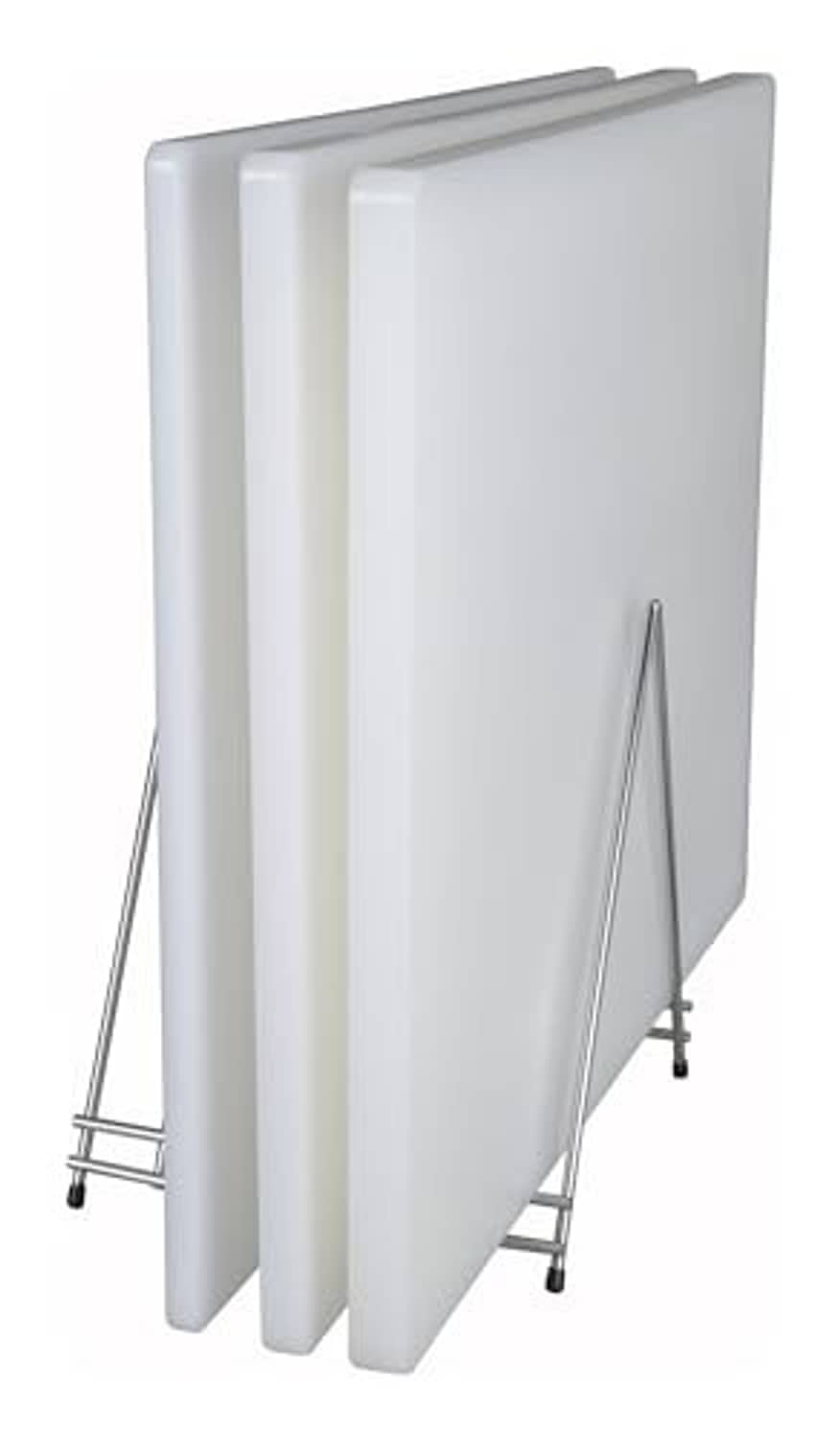 White plastic cutting boards on metal stand, stacked side view