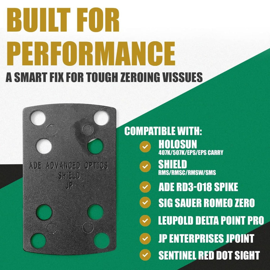 Dark gray optic shim plate with six mounting holes and green inserts