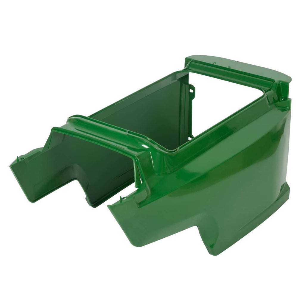 Green mower hood replacement frame with mounting posts and open top