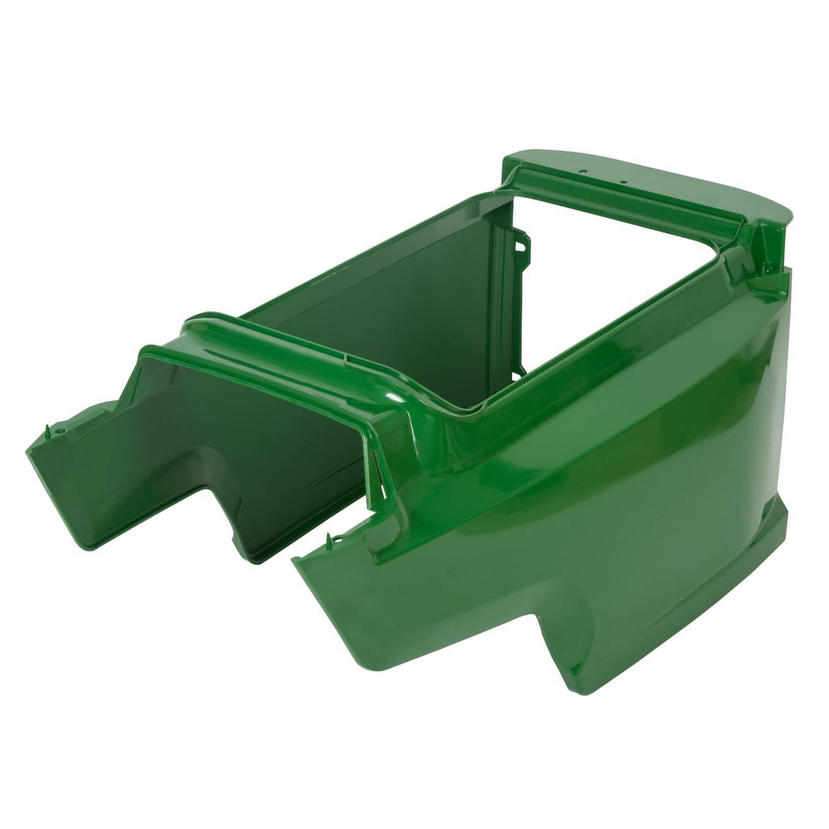 Green mower hood replacement frame with mounting posts and open top