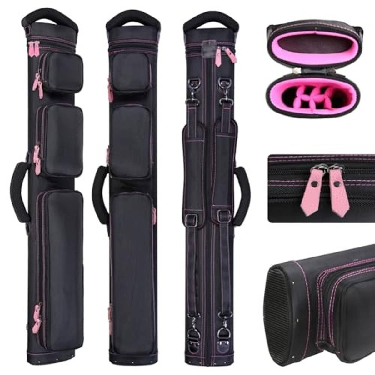 Nylon pool cue case, black with pink accents, open top with padded cue pockets
