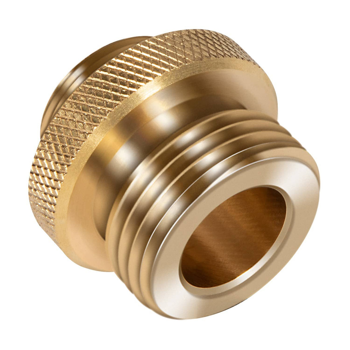 Brass straight-through hose bibb adapter fitting with threaded ends and textured collar