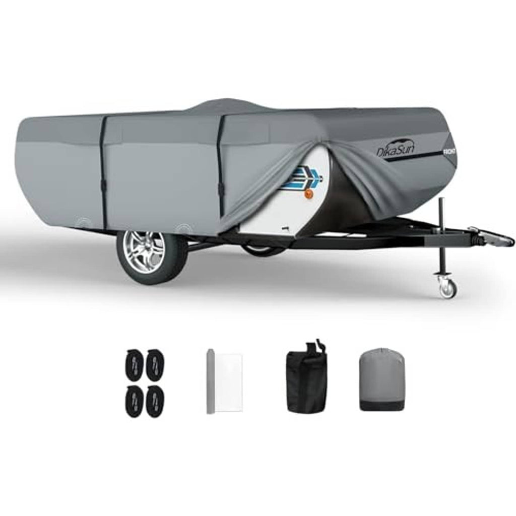 Gray pop-up camper cover kit with storage bag and straps