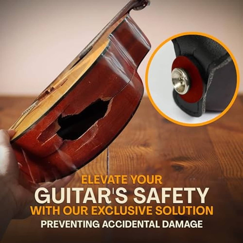Woven guitar strap end with black strap lock and metal button