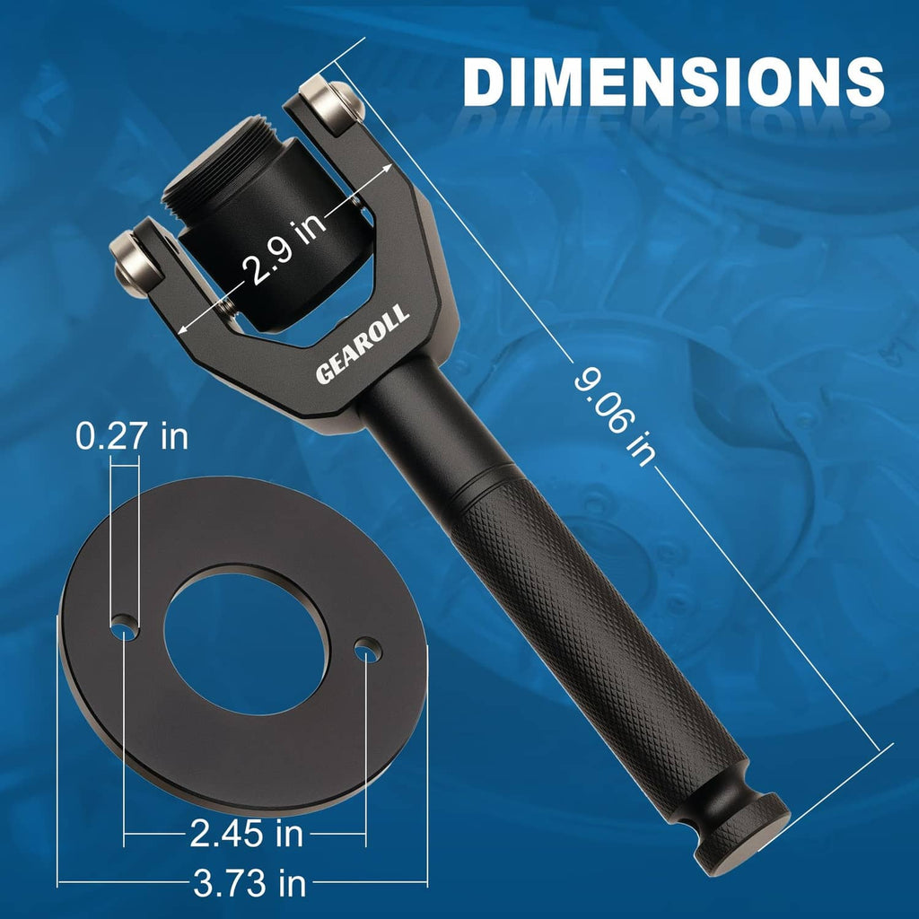 Belt changing tool with handle and circular adapter; dimension lines shown