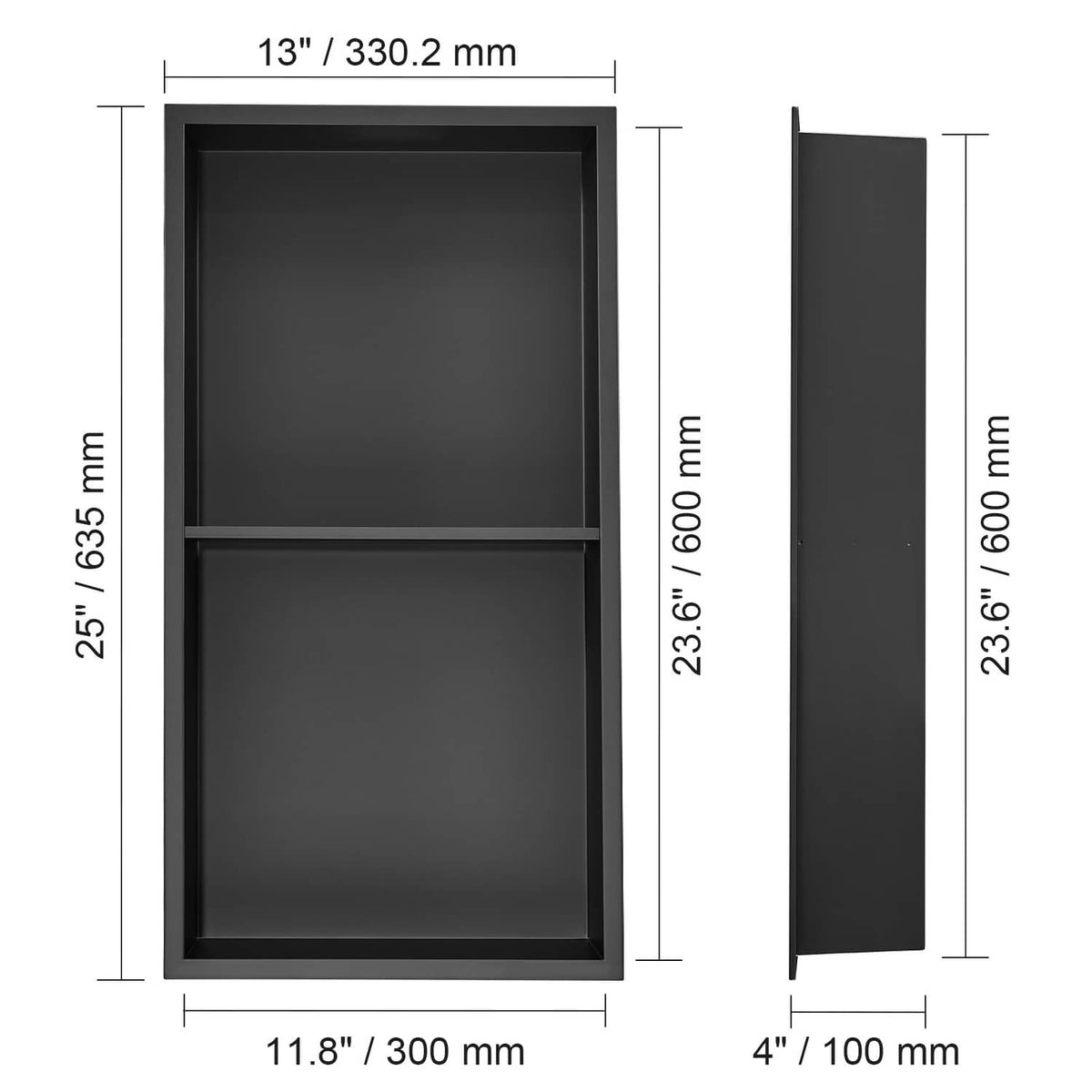 Black stainless steel shower niche insert with double shelves, front and side size diagram