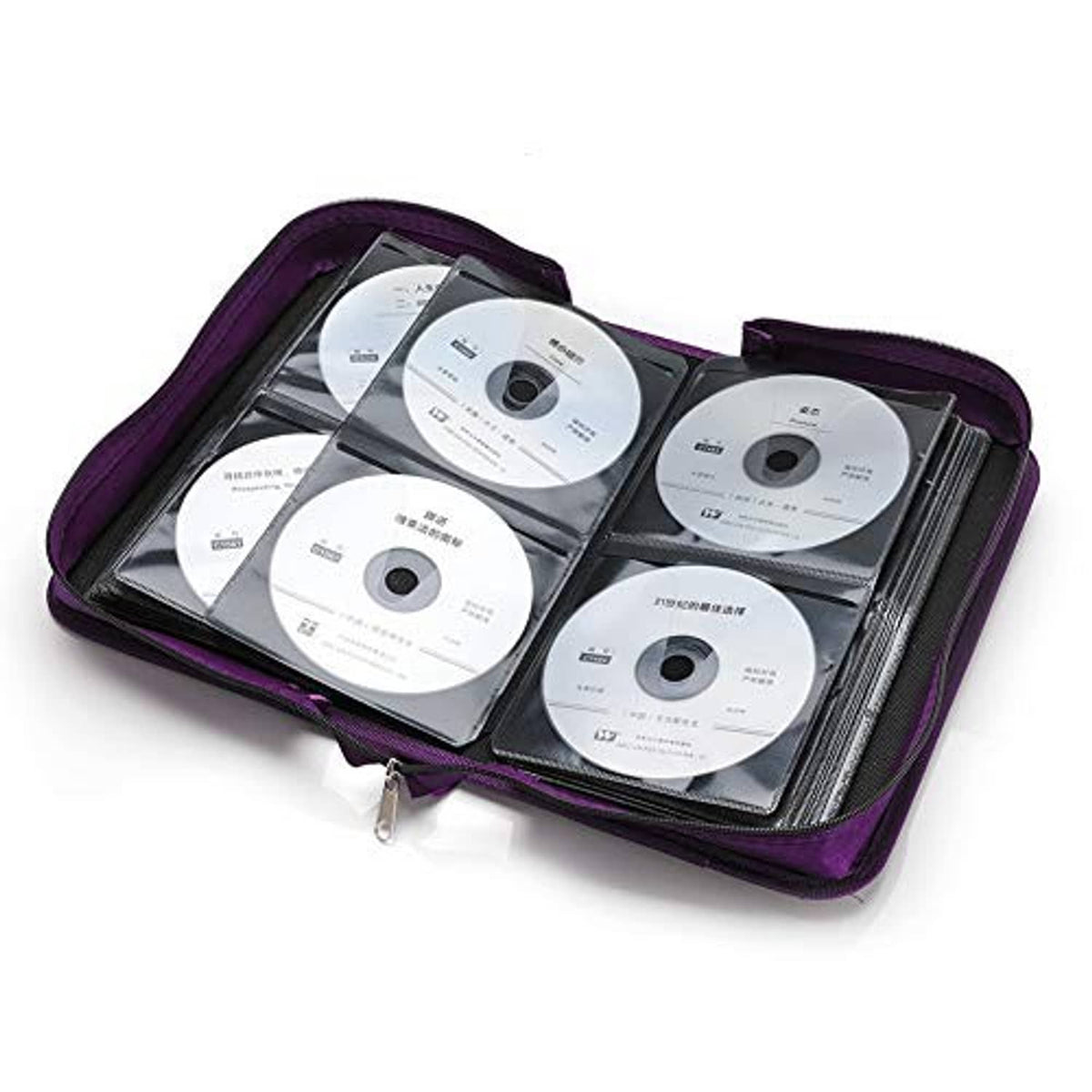 Purple CD/DVD storage case open with several discs in clear inner sleeves