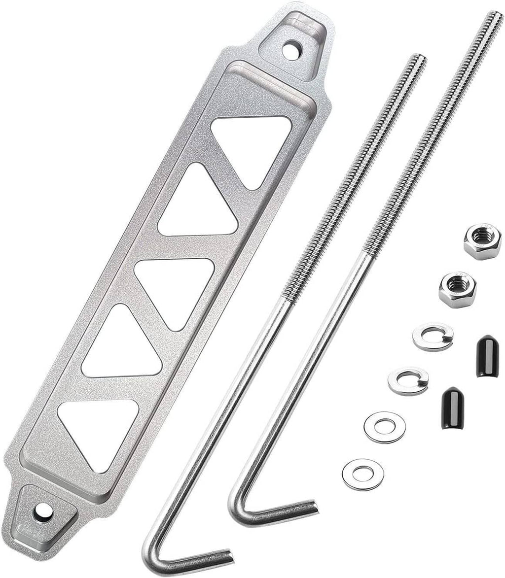 Silver aluminum battery hold-down bracket kit with two J-hooks, nuts, washers, and bolts