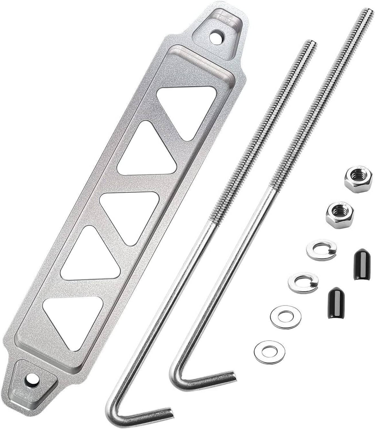 Silver aluminum battery hold-down bracket kit with two J-hooks, nuts, washers, and bolts