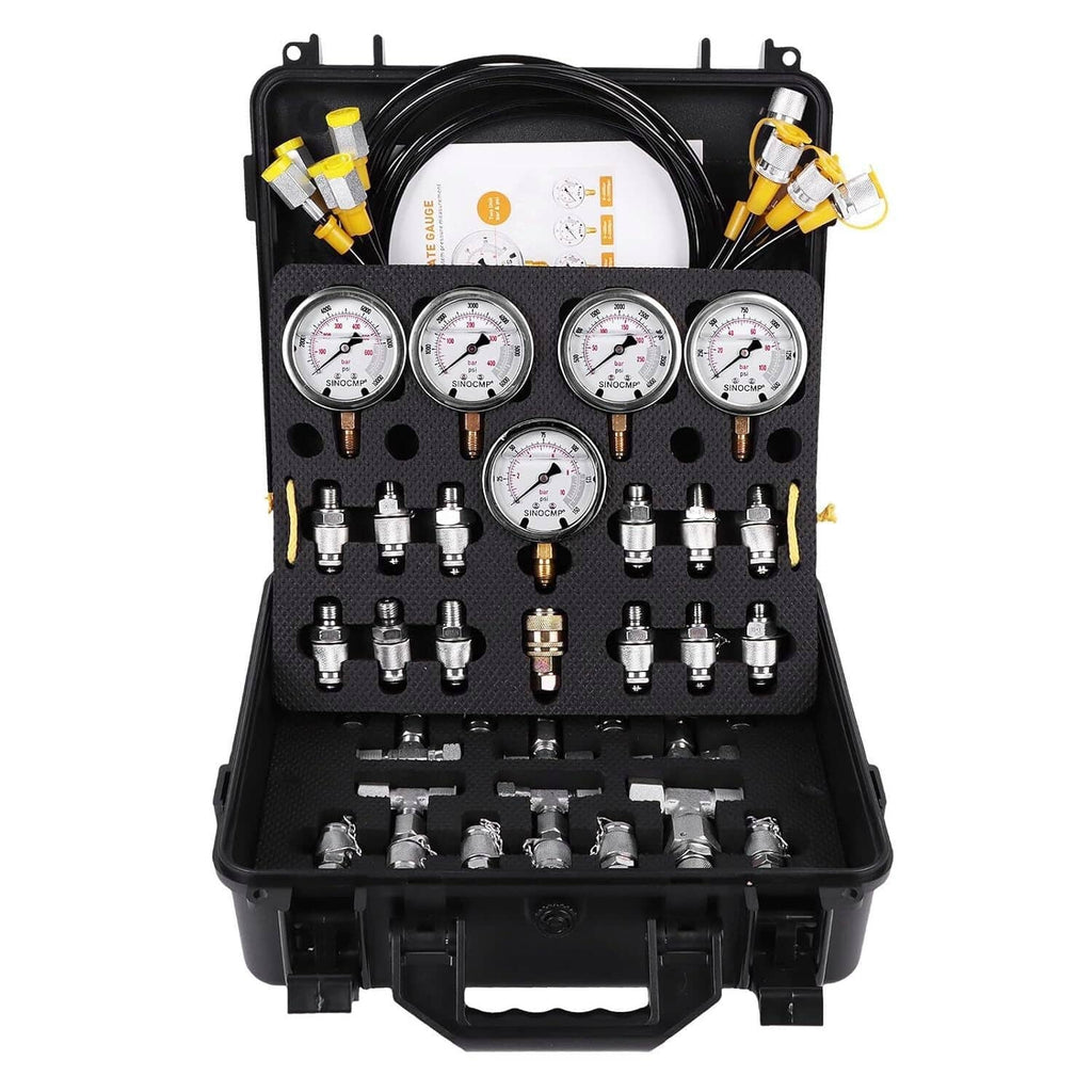 Hydraulic pressure test kit open case front view with gauges, fittings, and hoses