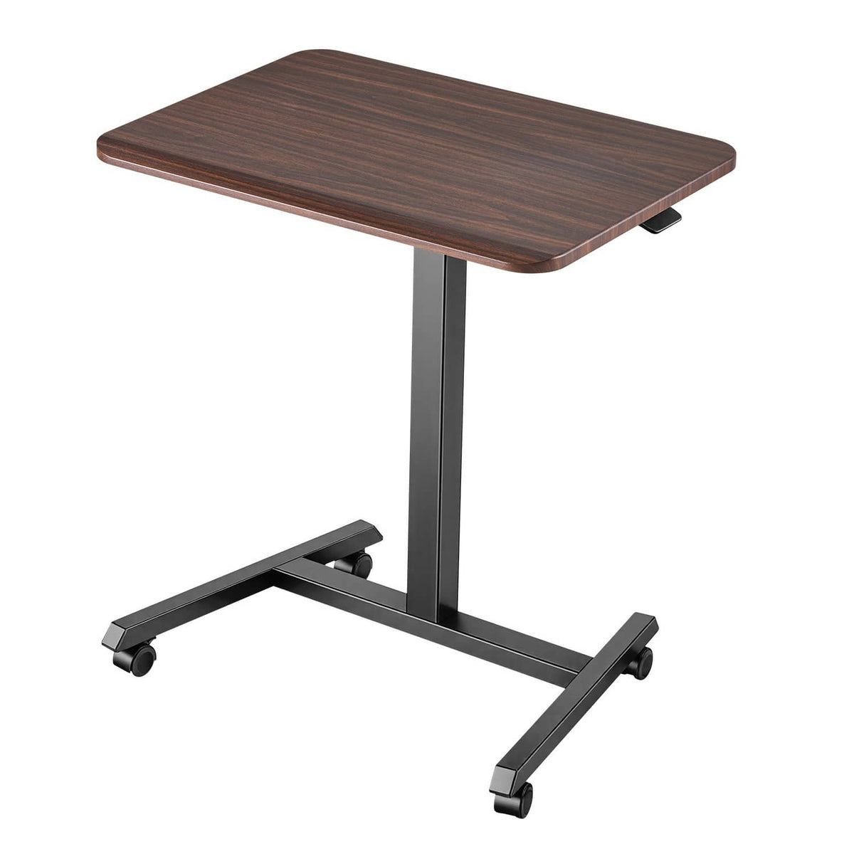 Mobile standing desk with dark wood tabletop, gray lift column, and casters