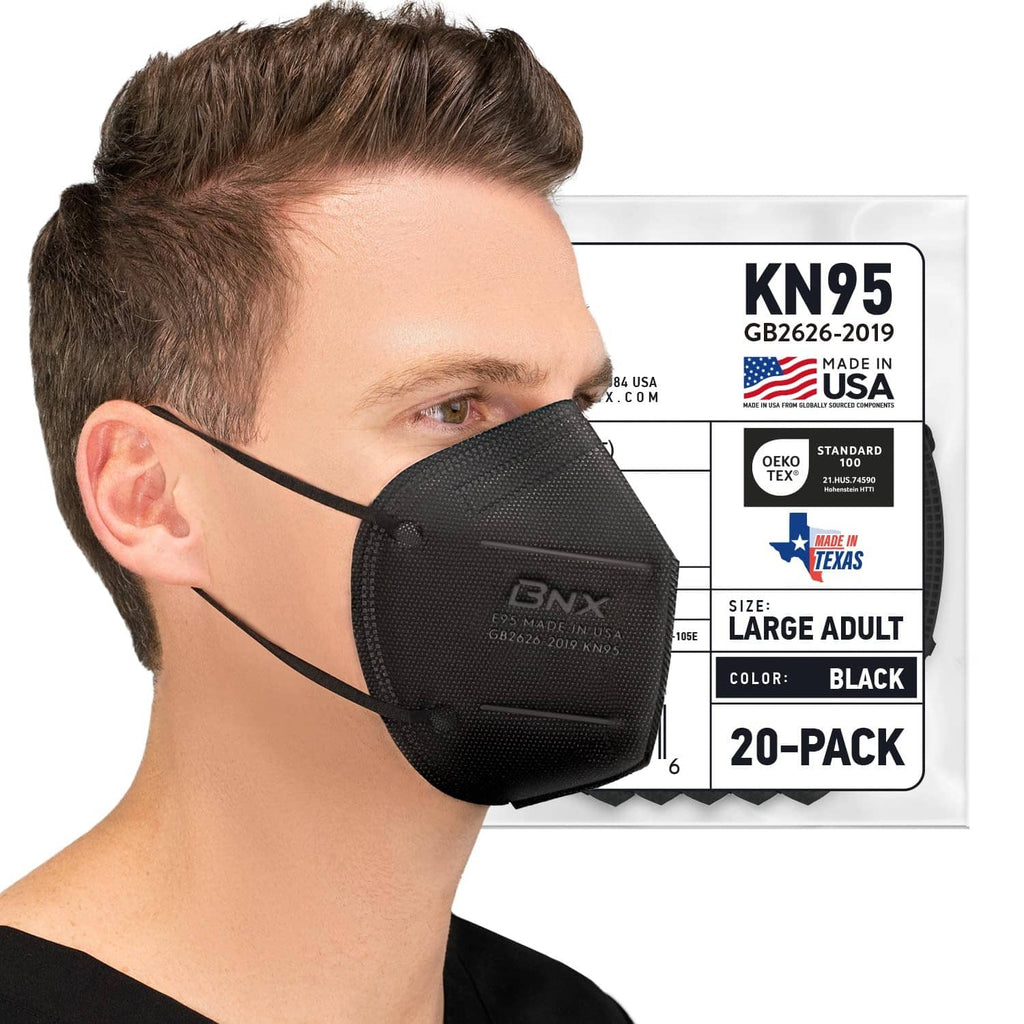 Black BNX KN95 respirator face mask, large adult, with two ear loops