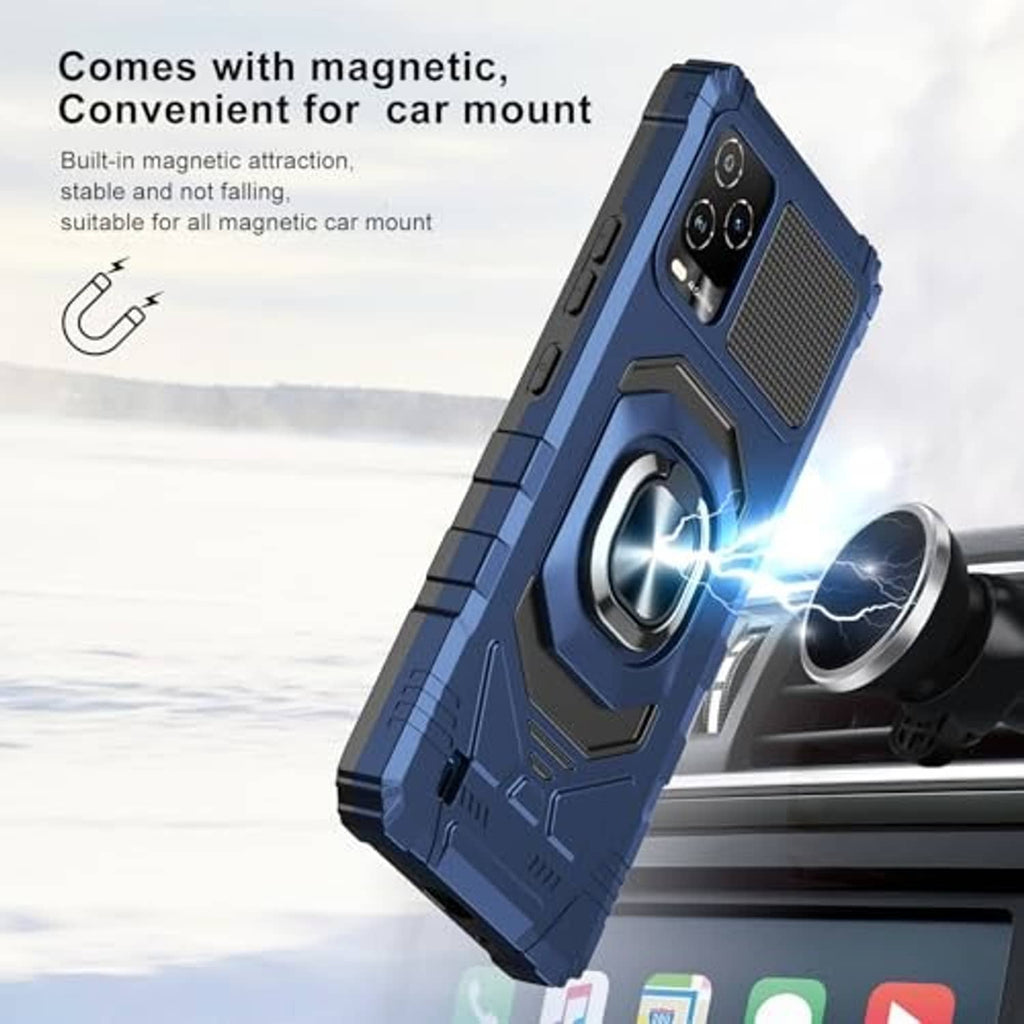 Blue rugged phone case with ring kickstand shown with magnetic car mount