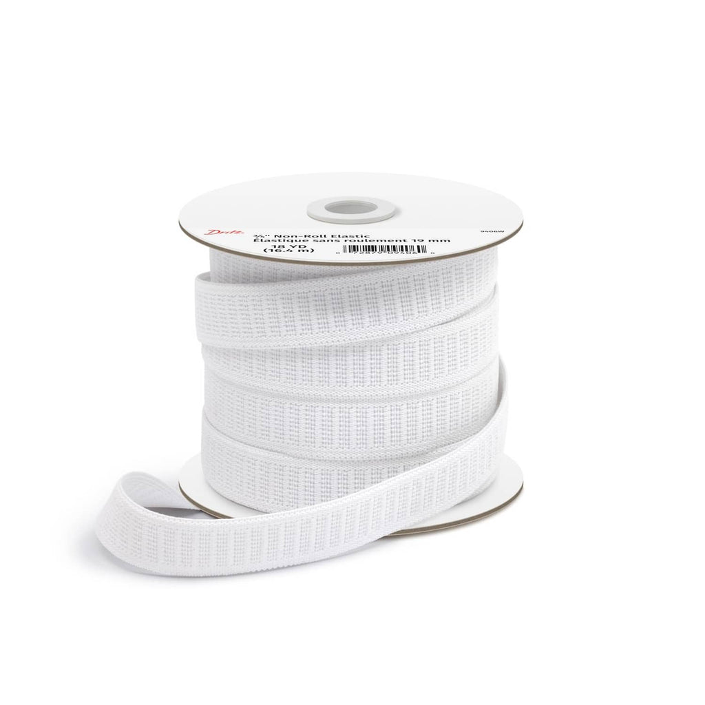 Rolled white woven elastic tape with visible core opening