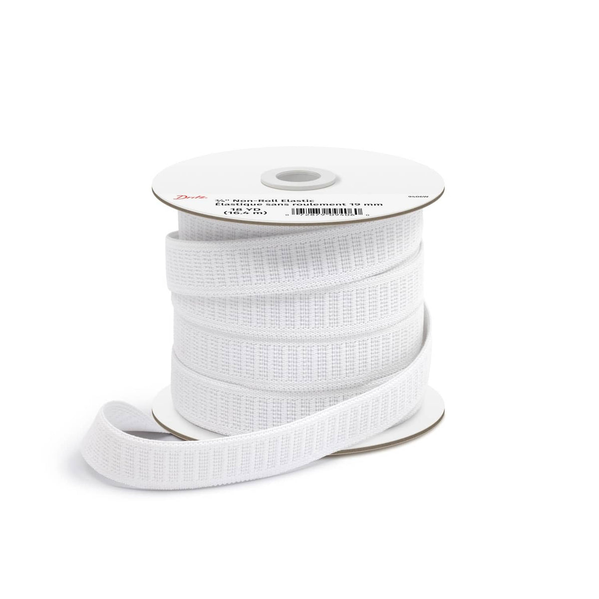 Rolled white woven elastic tape with visible core opening