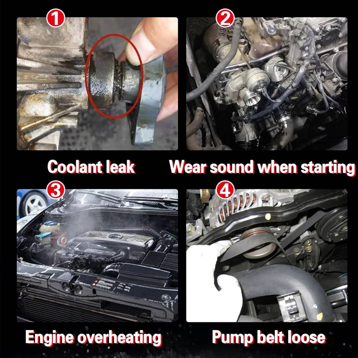 Water pump replacement guide graphic showing coolant leak and overheating symptoms