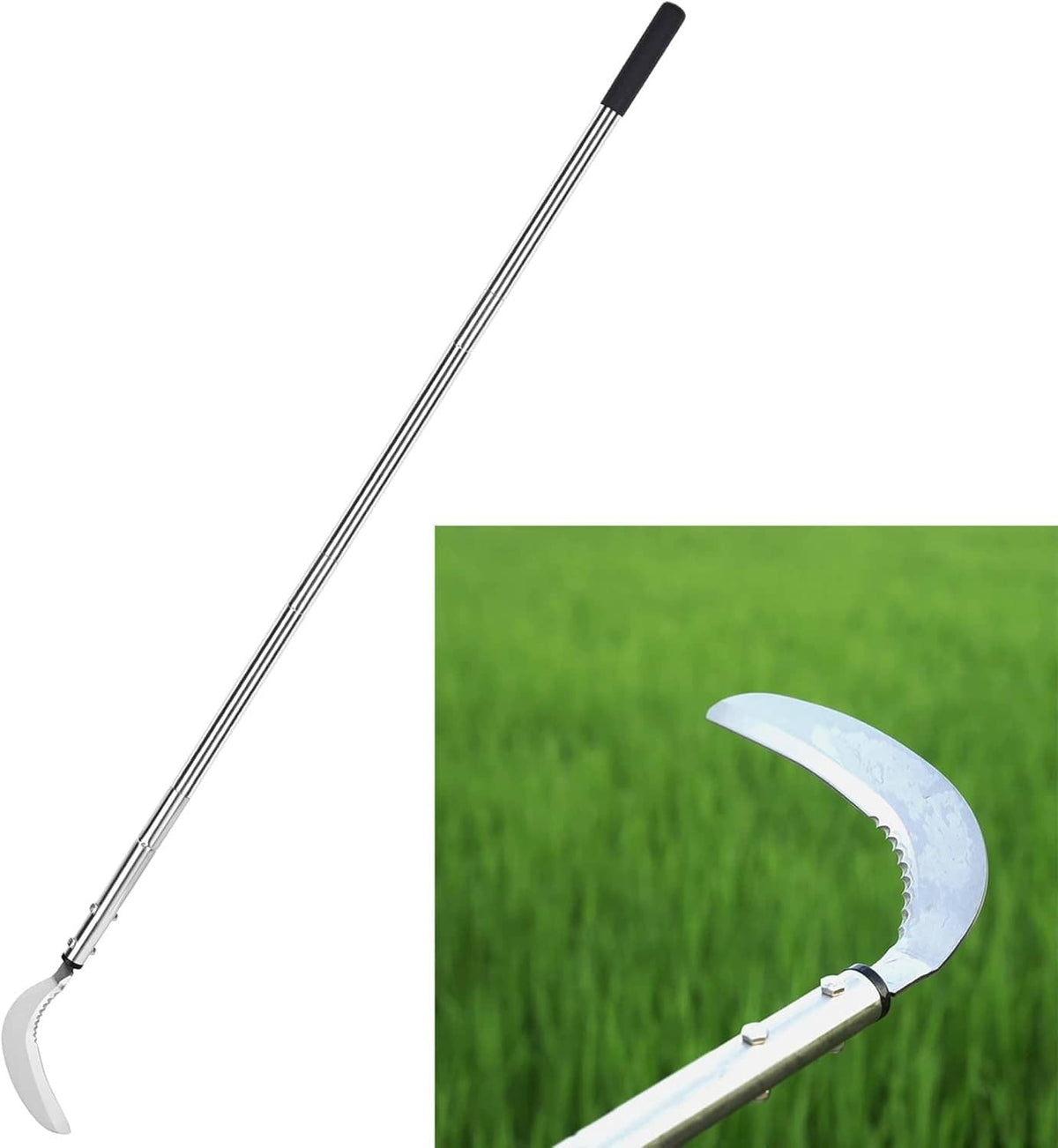 Long-handled weeding sickle with curved steel blade and black grip, serrated cutting edge