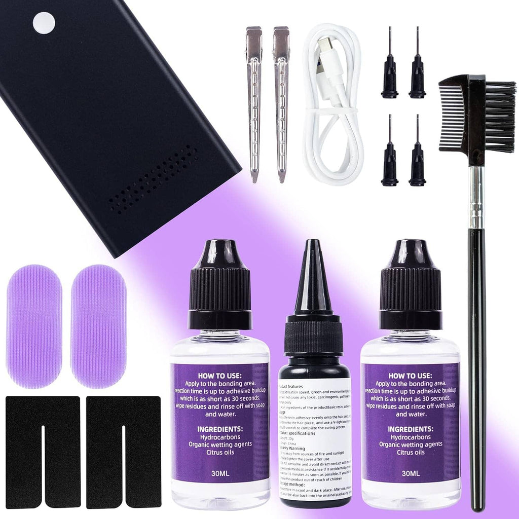 Hair extension UV lamp kit with two purple/clear glue bottles, applicators, comb, and pads
