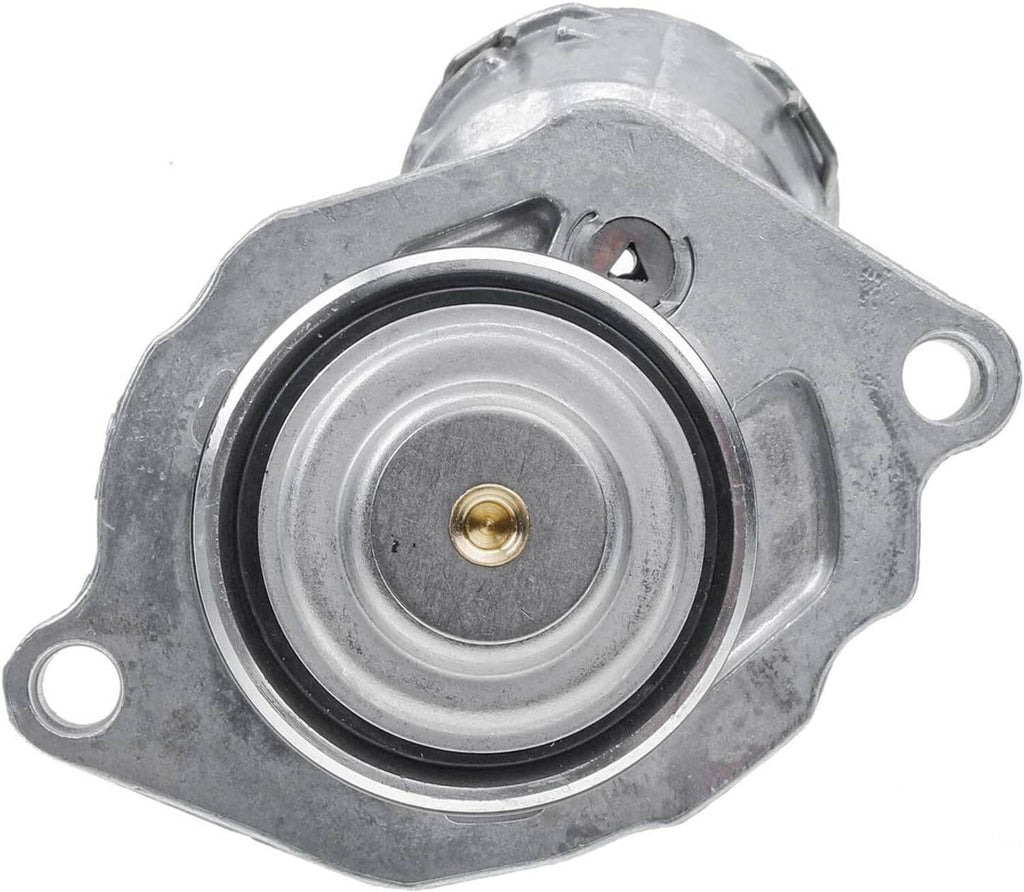 Engine coolant thermostat assembly with sensor, front housing plate and gold center cap