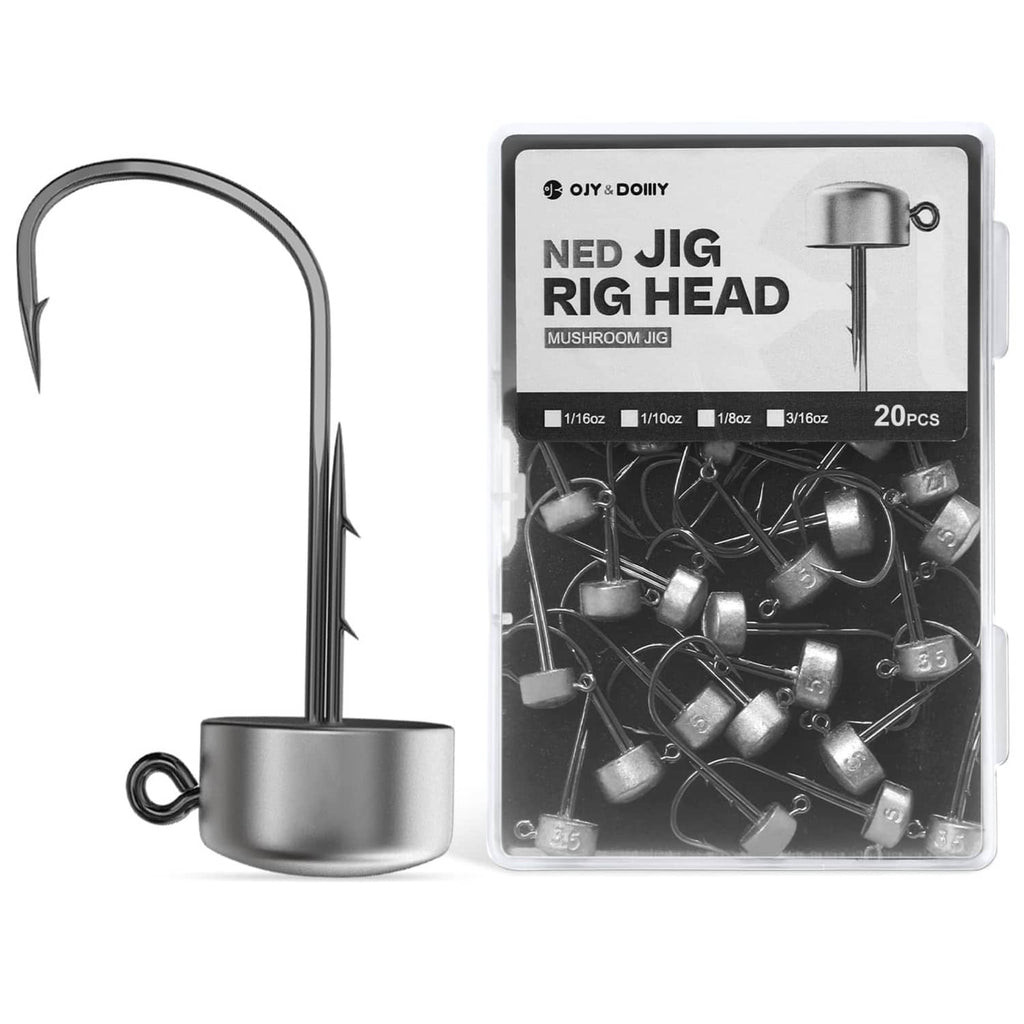 Metal ned rig jig head hook and 20-pack in box, dark gray with double barbs