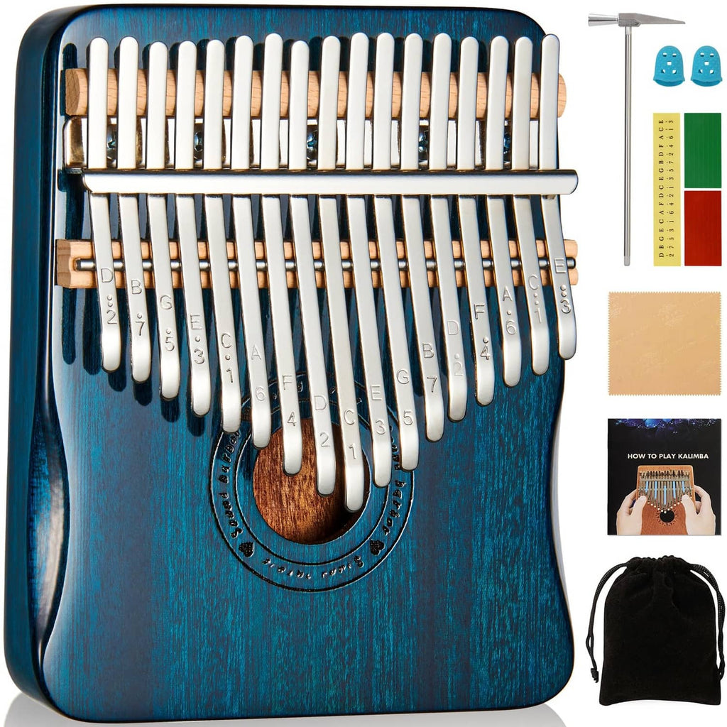 Blue 17-key kalimba with tuning hammer, finger covers, key stickers, and cleaning cloth