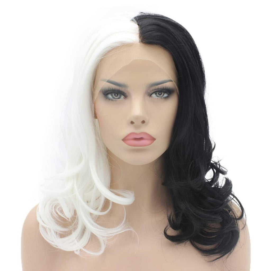 Two-tone wavy wig, half black half white, medium length, side-swept style