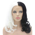 Two-tone wavy wig, half black half white, medium length, side-swept style