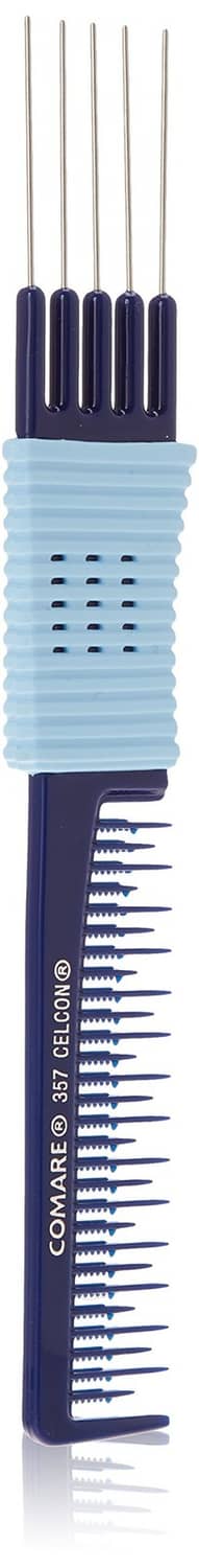 Blue hair teasing comb with stainless steel teeth and lift for backcombing