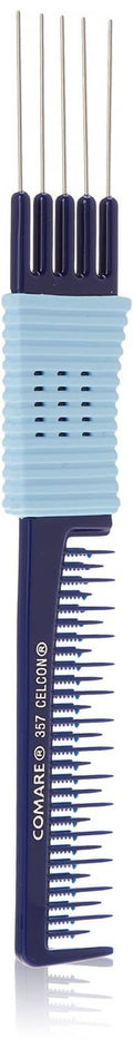 Blue hair teasing comb with stainless steel teeth and lift for backcombing