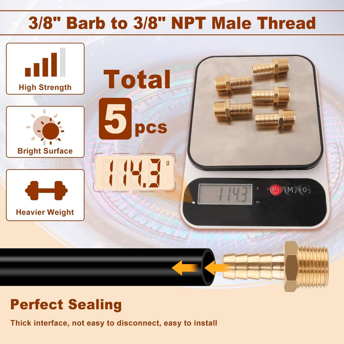 Set of five brass 3/8 in barb to 3/8 in NPT male threaded fittings