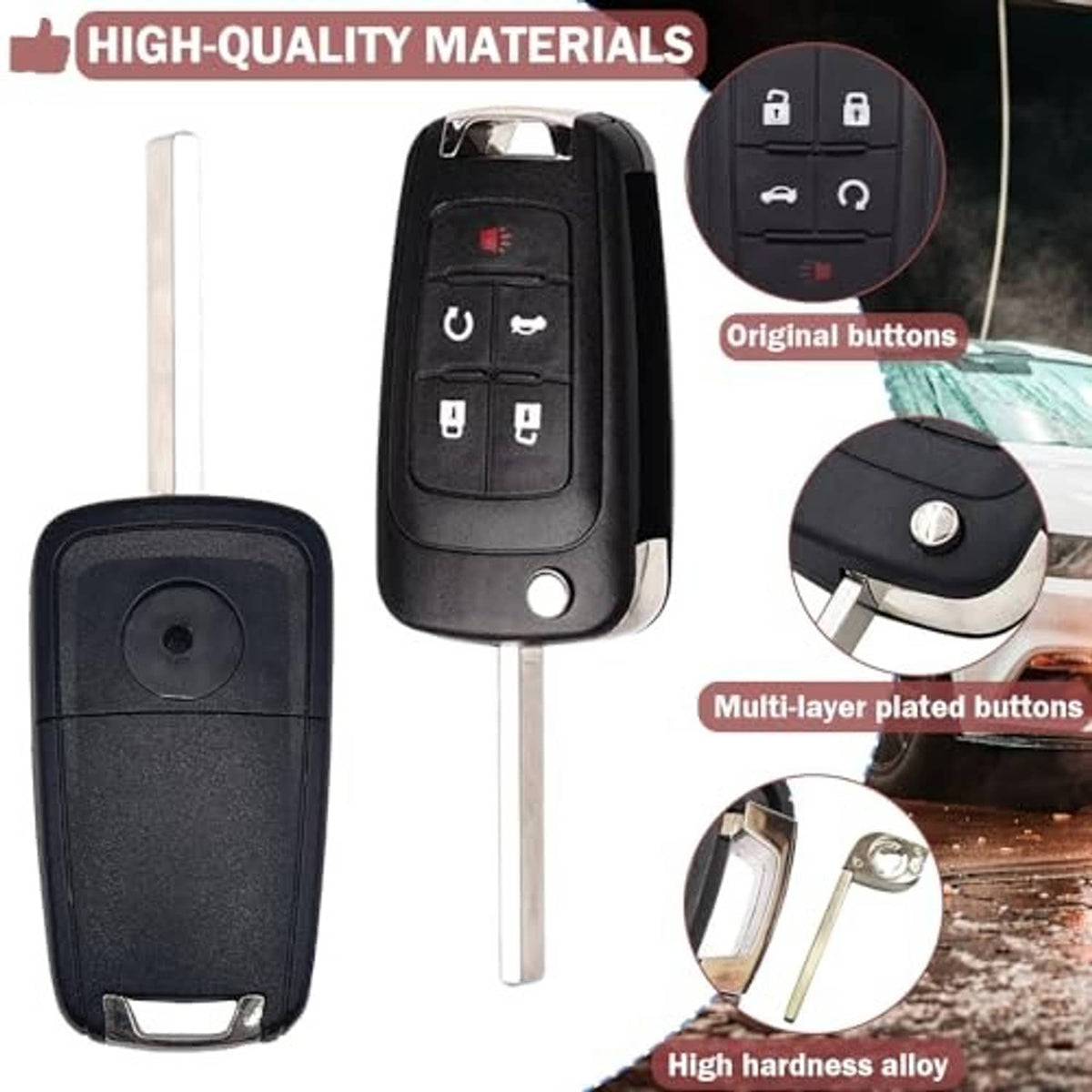 Black key fob replacement shell with multi-layer plated buttons, keyring, and alloy key blade