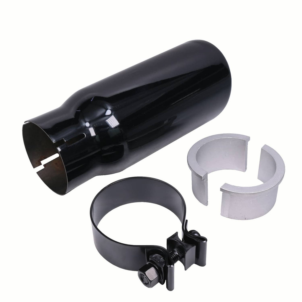 Black exhaust tip with clamp ring and silver split mounting pieces, laid-out view